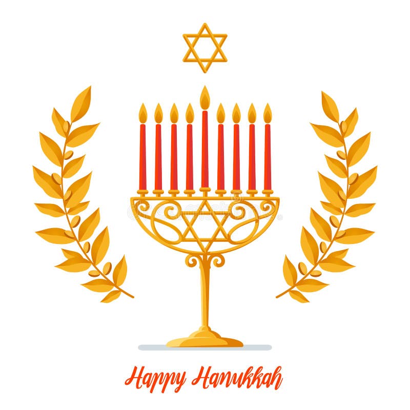 Chanukkahvektorkort - lycklig Chanukkahhälsninginskrift judisk ferie Guld- menoror för Chanukkah med röda stearinljus, stjärna royaltyfri illustrationer Chanukkahvektorkort - lycklig Chanukkahhälsninginskrift judisk ferie Guld- menoror för Chanukkah med röda stearinljus, stjärna royaltyfri illustrationer