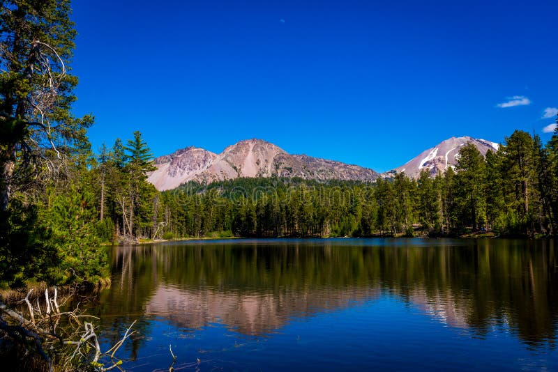 Chaos Crags and Lassen Peak Reflected in Reflection Lake Stock Photo ...