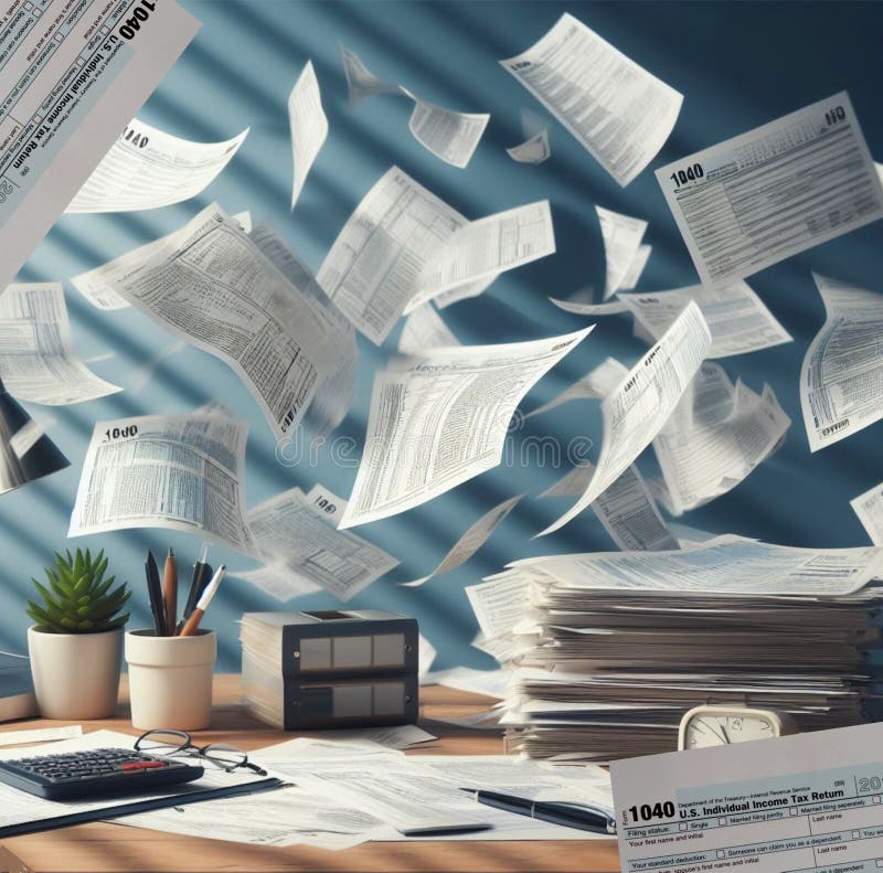 tax season is here with the stress of doing taxes shown by concept of tax forms fluttering over a desk. tax season is here with the stress of doing taxes shown by concept of tax forms fluttering over a desk