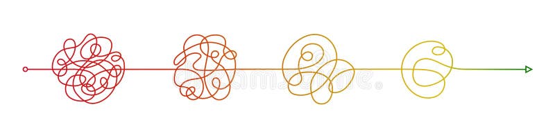 Chaos simplifying from start to end. Difficult way to solve problems in business. Chaos path. Hand drawn color doodle vector illustration