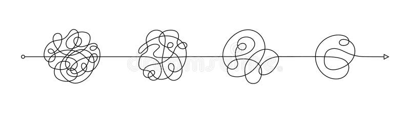 Chaos simplifying from start to end. Difficult way to solve problems in business. Chaos path. Hand drawn doodle vector stock illustration