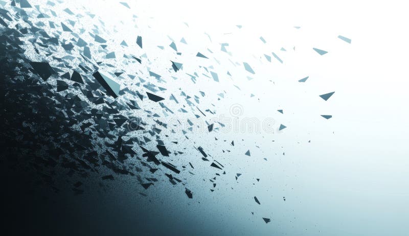 A chaotic background of flying particles accompanies a 3D rendering of an abstract surface that appears shattered stock illustration