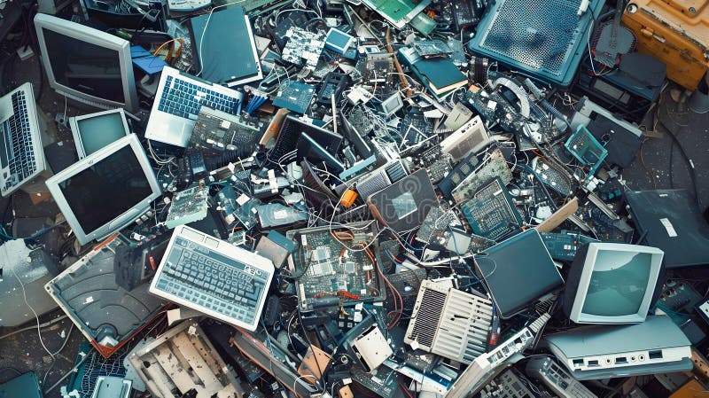 Chaotic E Waste Heap of Discarded Laptop and Computer Parts An Overwhelming Visual Representation of the Growing Issue of royalty free illustration