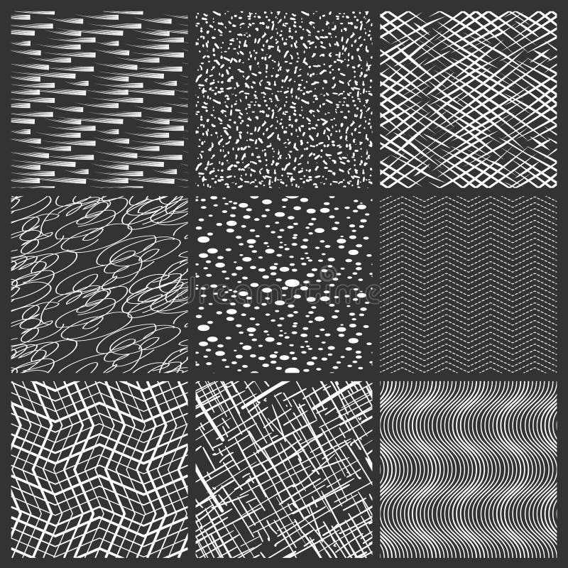 Chaotic lines, spots and brushstrokes black white patterns. Vector abstract simple streep seamless pattern set royalty free illustration
