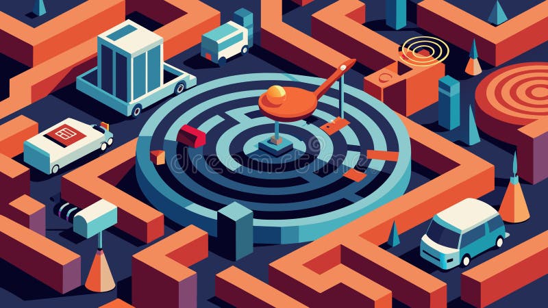 The chaotic maze of equipment is almost mesmerizing from this aerial view creating a strange and almost hypnotic image stock illustration