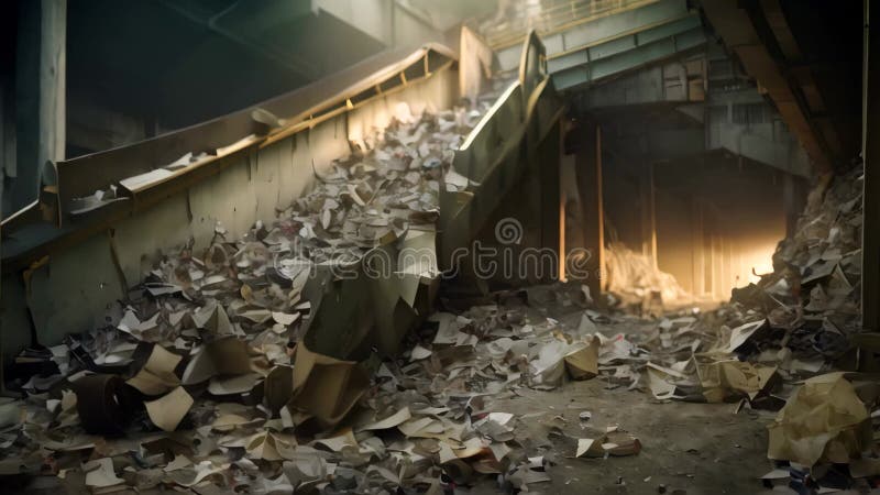 A chaotic scene of a neglected stairway with an alarming accumulation of trash piled high next to it, Photo of a conveyor belt
