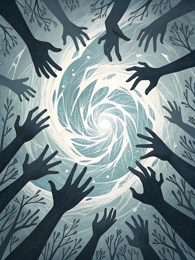 Chaotic swirl of fragmented hands reaching out in surreal abstract design