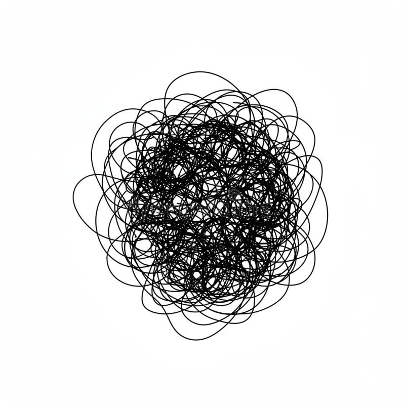 A chaotic tangle of black lines creates an abstract, intricate pattern on a white vector illustration