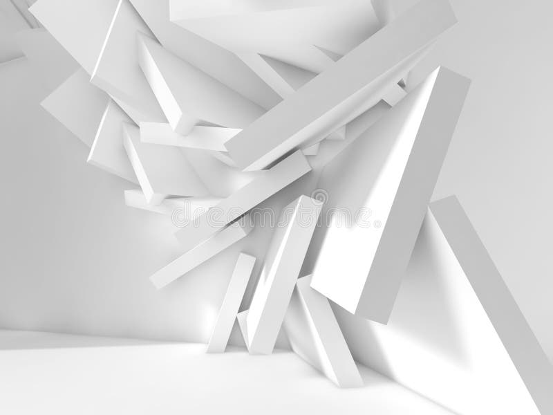 Abstract white interior background. Chaotically square blocks installation in empty room. 3d illustration, computer graphic. Abstract white interior background. Chaotically square blocks installation in empty room. 3d illustration, computer graphic