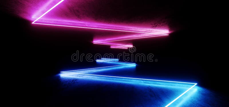 Chaotischer Zusammenfassungs-virtueller Leuchtstoff dunkler Schmutz-konkreter Neontunnel futuristisches Raumschiff-Stadium Sci FI stock abbildung