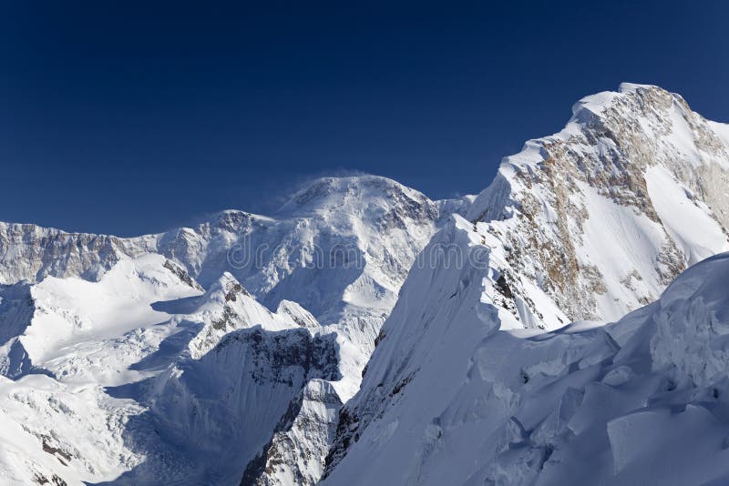 Chapaev peak and North mountainside of peak Pobeda (Jengish Chokusu in Kyrgyz, or Tomur in Chinese), Central Tian Shan mountains