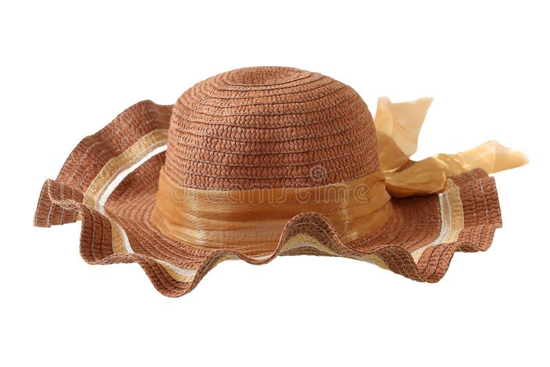 Chapéu de palha do verão das mulheres com a fita isolada no branco imagem de stock Chapéu de palha do verão das mulheres com a fita isolada no branco imagem de stock