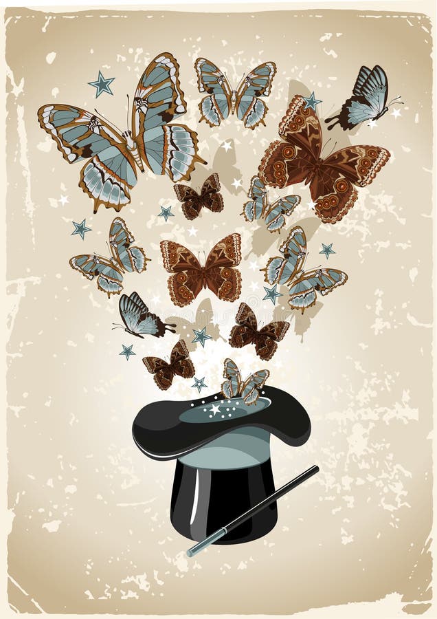 Vintage background with magician's hat, wand and butterflies. Vintage background with magician's hat, wand and butterflies