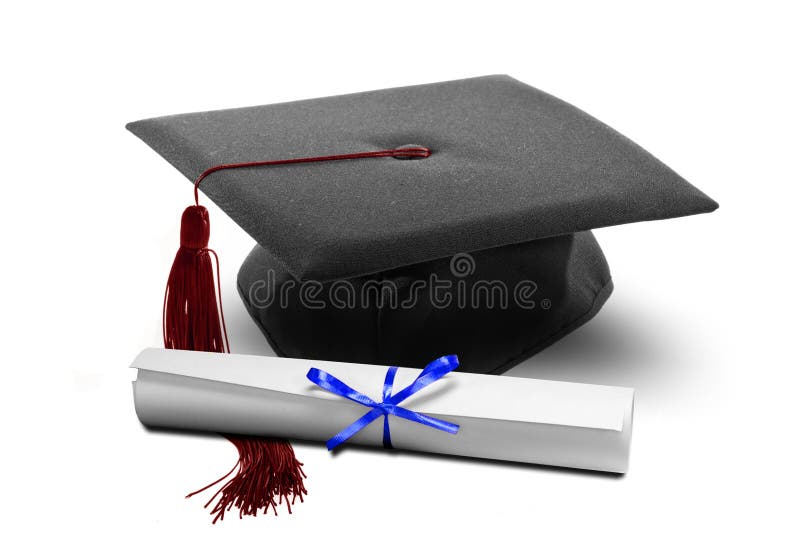 Image of graduation hat and a scroll of diploma. Image of graduation hat and a scroll of diploma