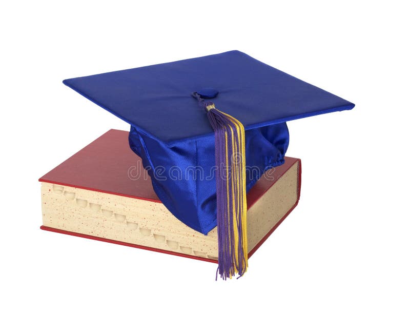 A colorful graduation cap resting on top of a text book. A colorful graduation cap resting on top of a text book.