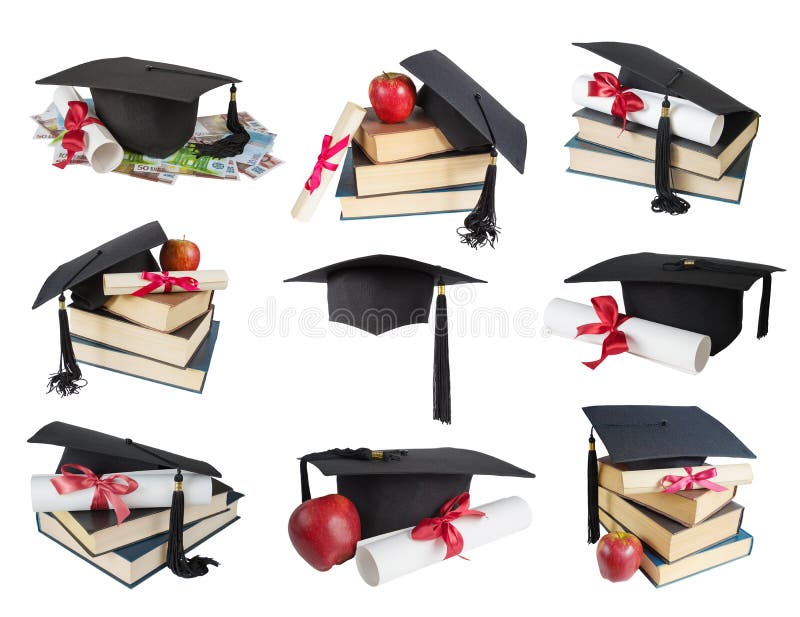 Set of images of black graduate hat, stack of big books, apple and paper scroll tied with red ribbon with a bow, isolated on white background. Set of images of black graduate hat, stack of big books, apple and paper scroll tied with red ribbon with a bow, isolated on white background