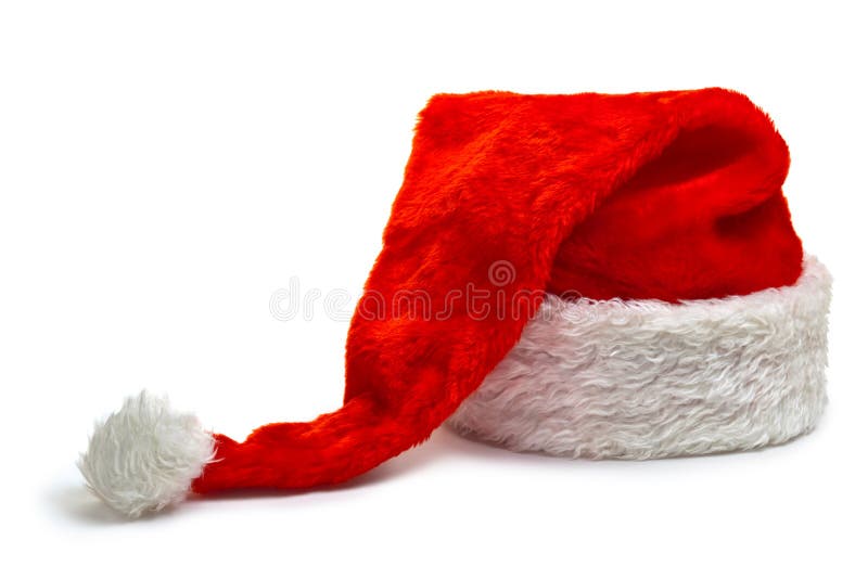 Chapéu longo de Papai Noel, encontrando-se em um fundo branco fotos de stock royalty free Chapéu longo de Papai Noel, encontrando-se em um fundo branco fotos de stock royalty free