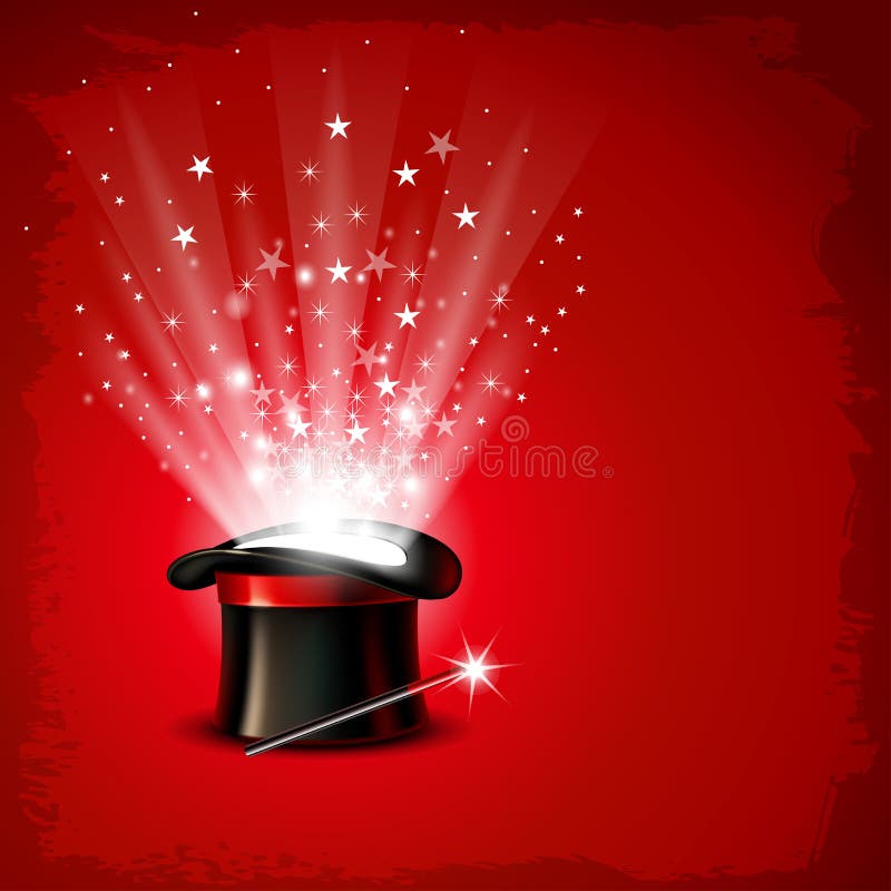 Vintage background with magician hat, wand and magical glow. Vintage background with magician hat, wand and magical glow