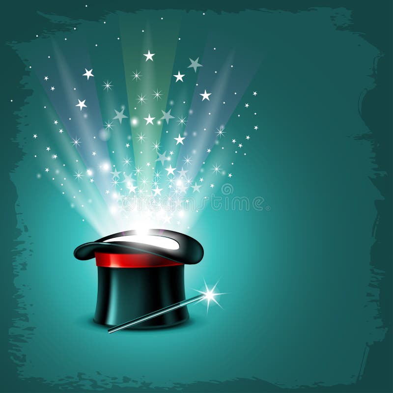 Vintage background with magician hat, wand and magical glow. Vintage background with magician hat, wand and magical glow