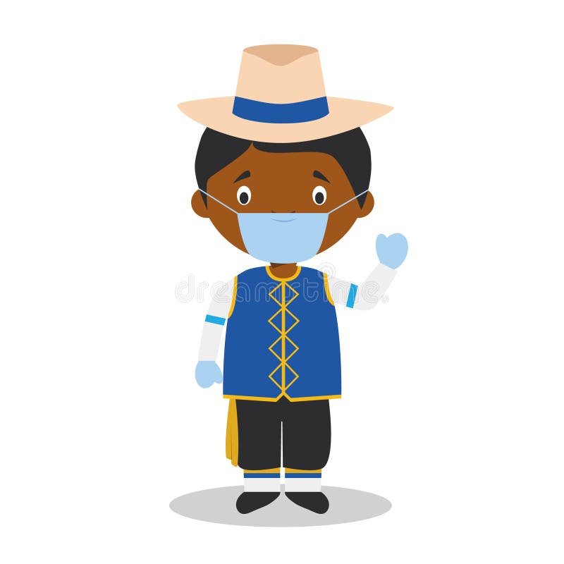 Character from Barbados dressed in the traditional way and with surgical mask and latex gloves stock illustration Character from Barbados dressed in the traditional way and with surgical mask and latex gloves stock illustration
