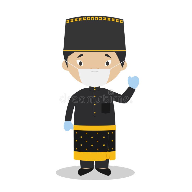 Character from Brunei dressed in the traditional way and with surgical mask and latex gloves royalty free illustration Character from Brunei dressed in the traditional way and with surgical mask and latex gloves royalty free illustration