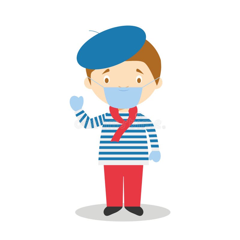 Character from France dressed in the traditional way and with surgical mask and latex gloves vector illustration Character from France dressed in the traditional way and with surgical mask and latex gloves vector illustration