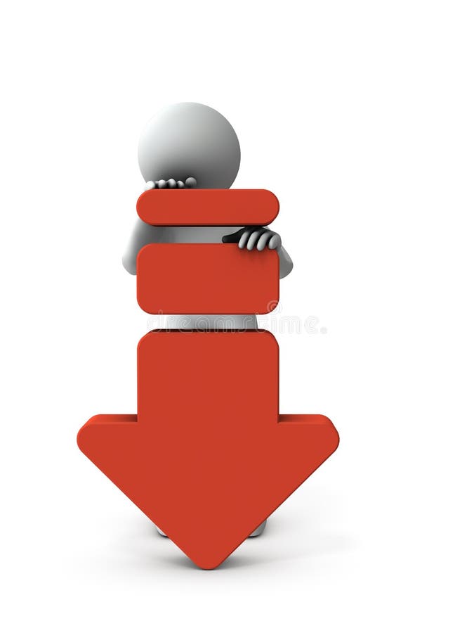 A character holding a big downward arrow. It is an abstract that represents failure. White background. 3D illustration