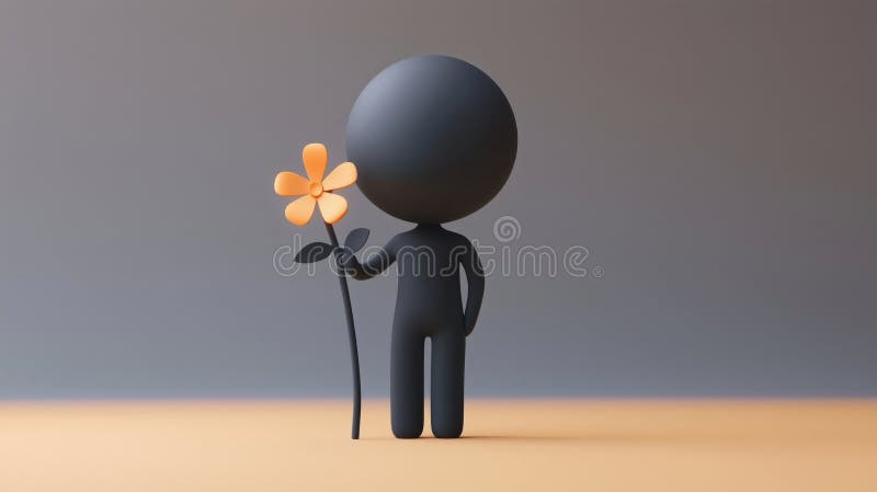 Character holding flower, minimalist design, soft colors, simple shapes