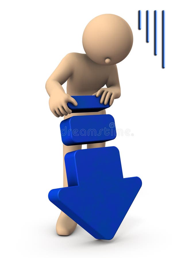 A character holding a large downward arrow. It represents failure. White background. 3D illustration