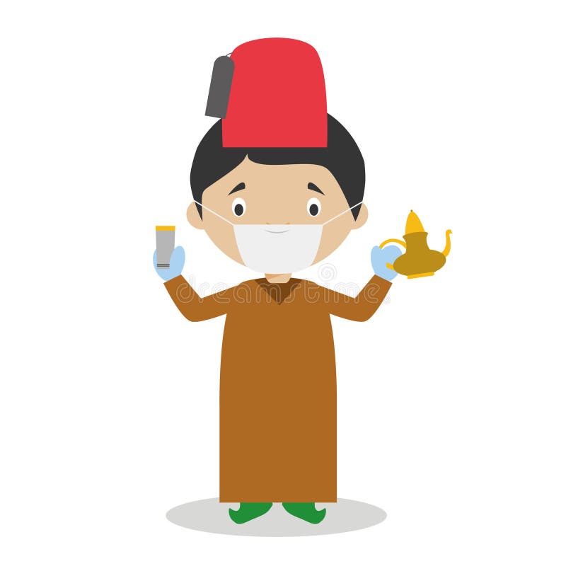 Character from Morocco dressed in the traditional way with a tea set and with surgical mask and latex gloves vector illustration Character from Morocco dressed in the traditional way with a tea set and with surgical mask and latex gloves vector illustration