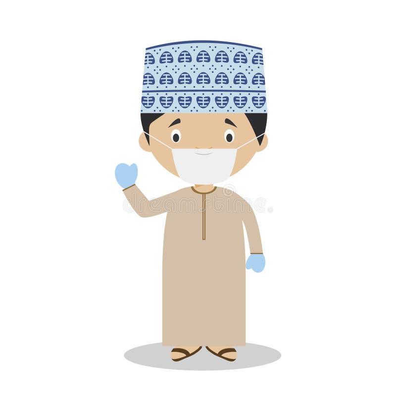 Character from Oman dressed in the traditional way and with surgical mask and latex gloves vector illustration Character from Oman dressed in the traditional way and with surgical mask and latex gloves vector illustration