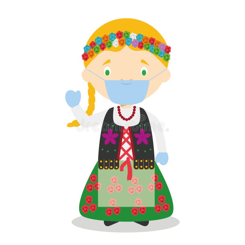 Character from Poland dressed in the traditional way and with surgical mask and latex gloves vector illustration Character from Poland dressed in the traditional way and with surgical mask and latex gloves vector illustration