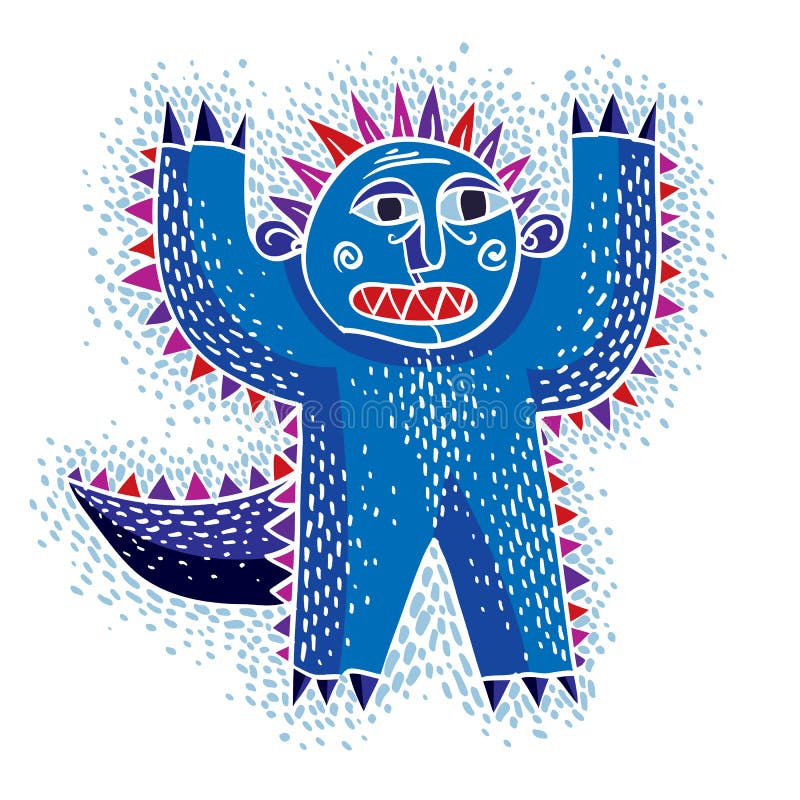 Character scared monster vector flat illustration, cute blue mutant. Drawing of weird beast, emotional expression.