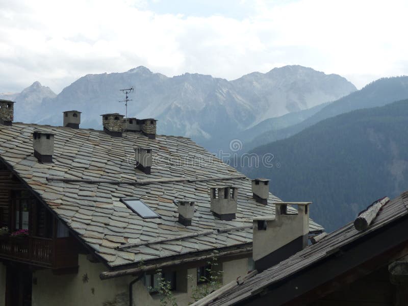 Characteristic slate roof of a chalet in Val di Suza in Italy.