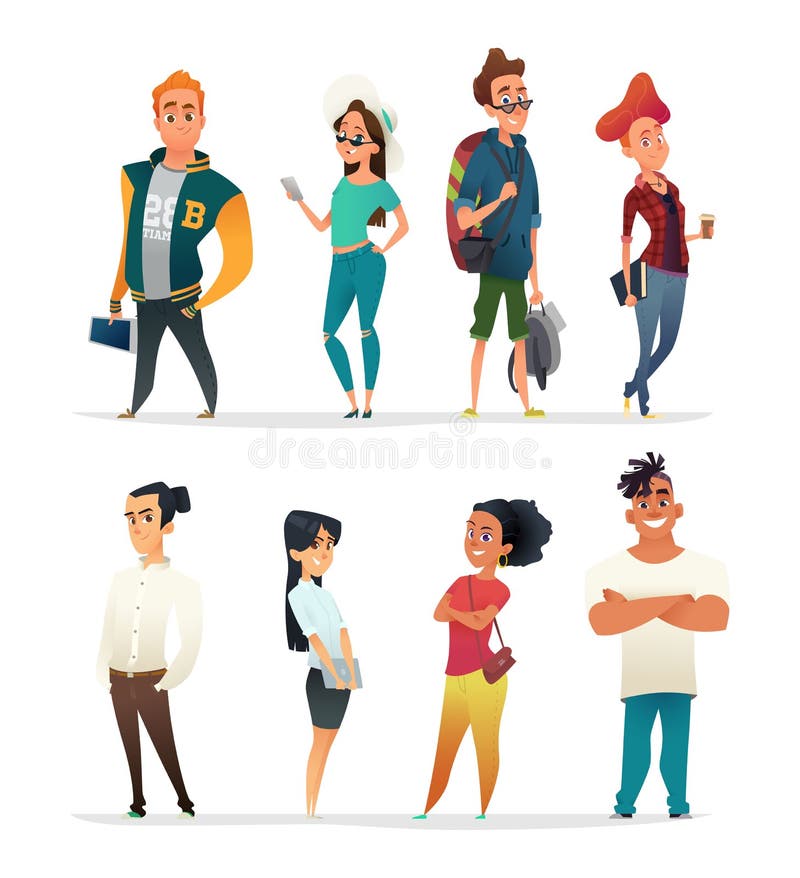 Characters Collection of Charming Young People. Students of Different Nationalities in Cartoon Style. Vector Designe. Stock Vector - Illustration of college, gadgets: 121104579 Characters Collection of Charming Young People. Students of Different Nationalities in Cartoon Style. Vector Designe. Stock Vector - Illustration of college, gadgets: 121104579