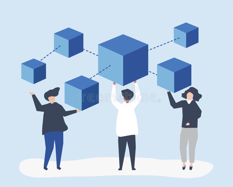 Characters of people holding a blockchain network illustration royalty free illustration