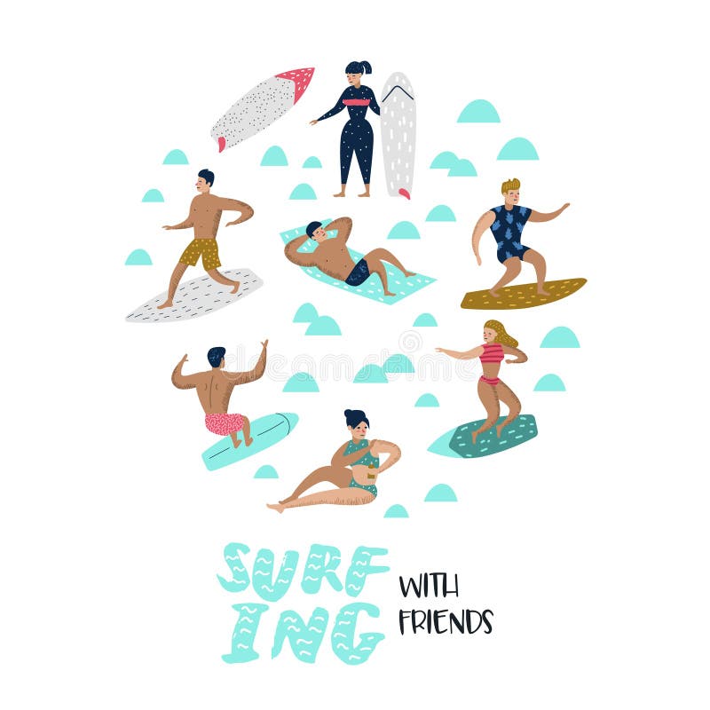 Characters People Surfing at the Beach. Man and Woman Cartoon Surfers. Water Sport Concept stock illustration Characters People Surfing at the Beach. Man and Woman Cartoon Surfers. Water Sport Concept stock illustration