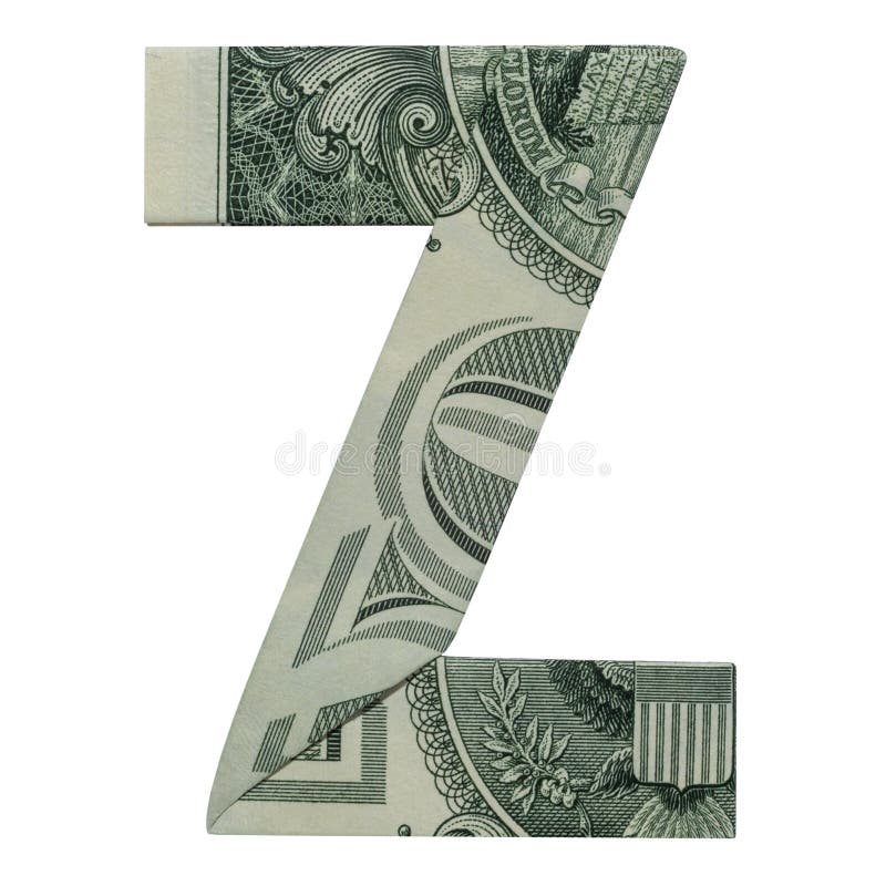 Charakter des Geldorigami-Buchstaben z faltete sich mit echtem weißen Hintergrund des Dollarscheins