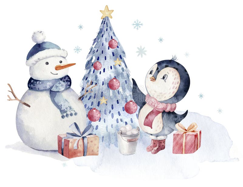 Watercolor merry christmas character penguin illustration. Winter cartoon isolated cute funny animal design card. Snow holiday xmas penguins. Watercolor merry christmas character penguin illustration. Winter cartoon isolated cute funny animal design card. Snow holiday xmas penguins.