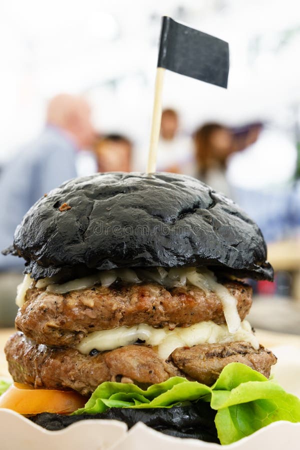 Charcoal Bun Double Cheese Burger Stock Image Image of beef, double