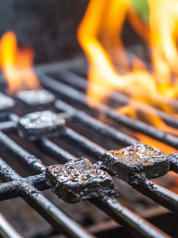 The charcoal grill is ready for use with an open flame, with plenty of space for product placement stock photography