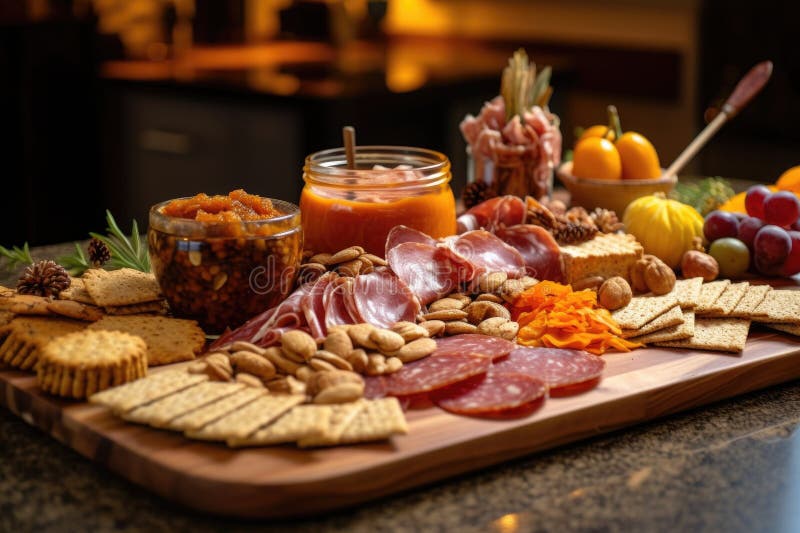 Charcuterie Board with Cured Meats, Crackers, and Nuts Stock Photo