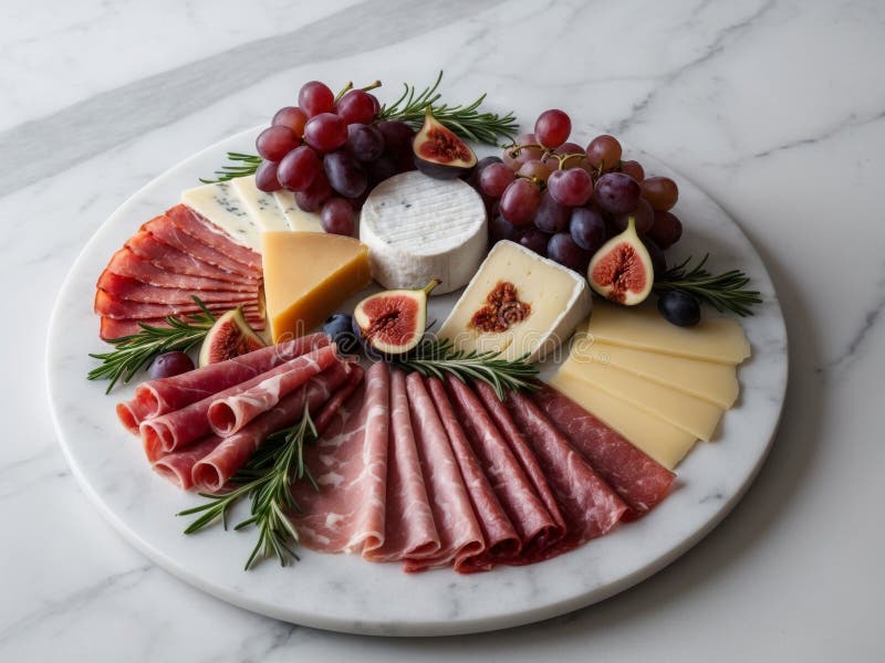 Charcuterie platter featuring assorted meats and cheeses on a white marble surface for gourmet culinary presentations. royalty free illustration