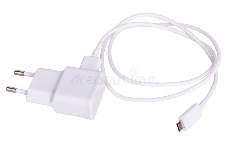 Charger cord and plug for gadget isolated on white.