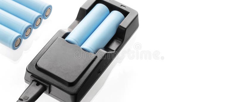 Charger, inside lithium batteries 18650 stock photo