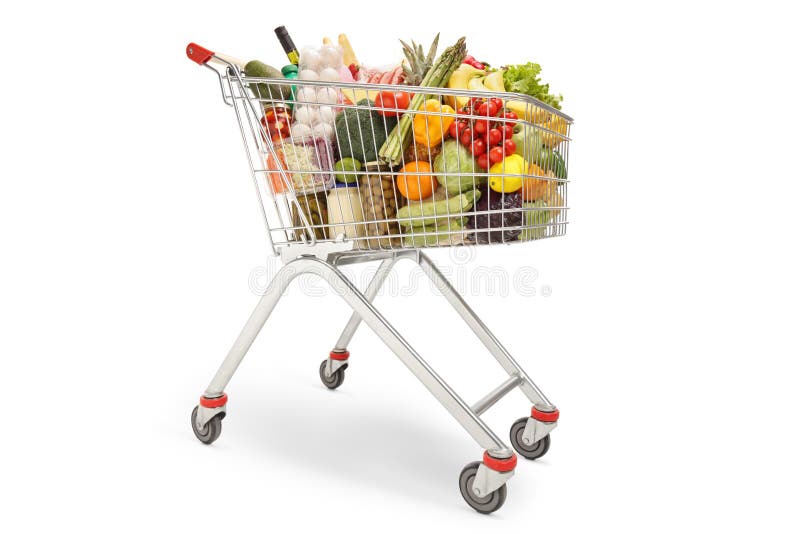 Chariot de achat rempli avec différents produits alimentaires, fruits et légumes photos stock Chariot de achat rempli avec différents produits alimentaires, fruits et légumes photos stock