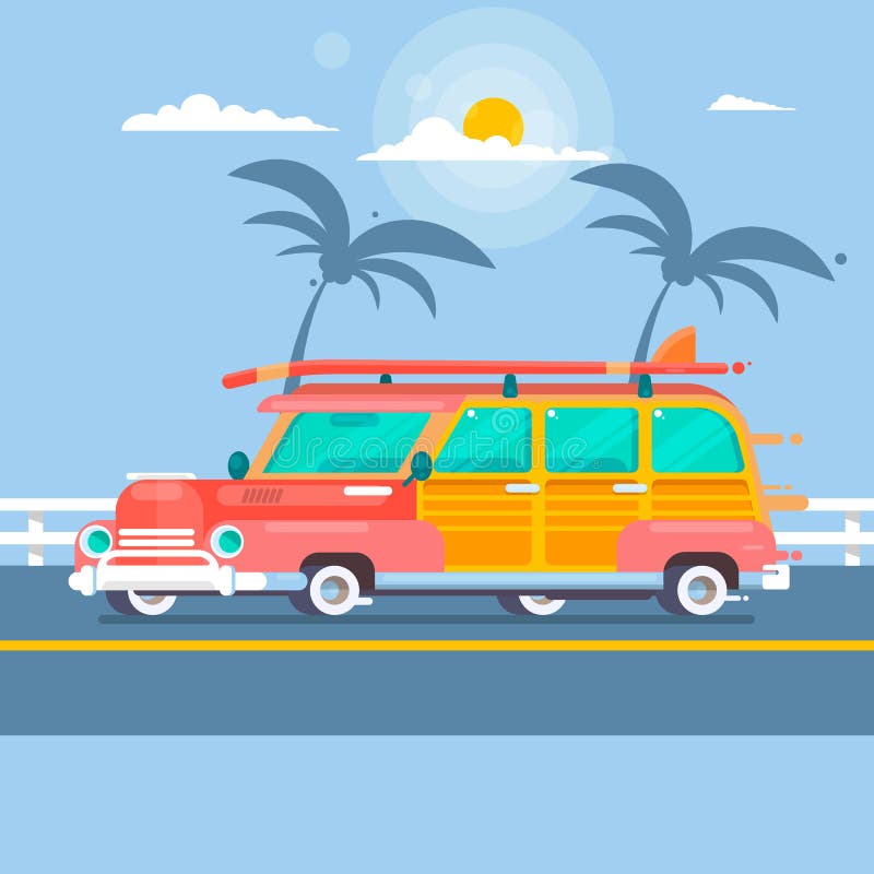 Woodie surf wagon on summer background with palm trees Vector. Woodie surf wagon on summer background with palm trees Vector