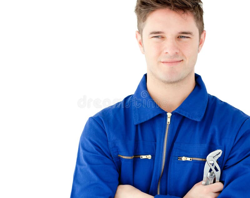 Charismatic caucasian worker holding tool royalty free stock photos