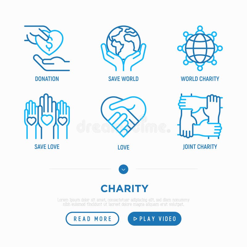 Charity thin line icons set: donation, save world, reunion, life saving, volunteers. Modern vector illustration