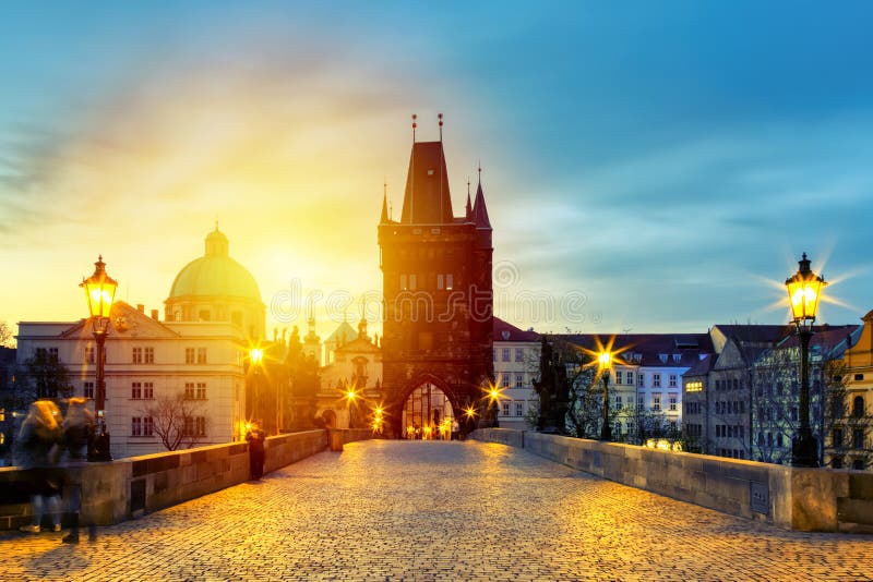 Charles Bridge Karluv Most and Old Town Tower at amazing sunrise with sky and clouds in Prague, Czech Republic. royalty free stock images Charles Bridge Karluv Most and Old Town Tower at amazing sunrise with sky and clouds in Prague, Czech Republic. royalty free stock images